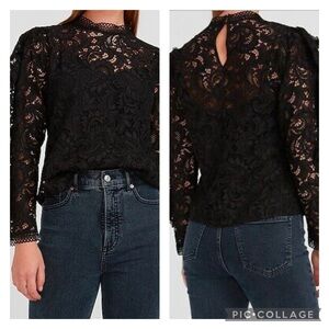 NWT Express Black Lace Knit Mock Neck Ruffle Sleeve Blouse